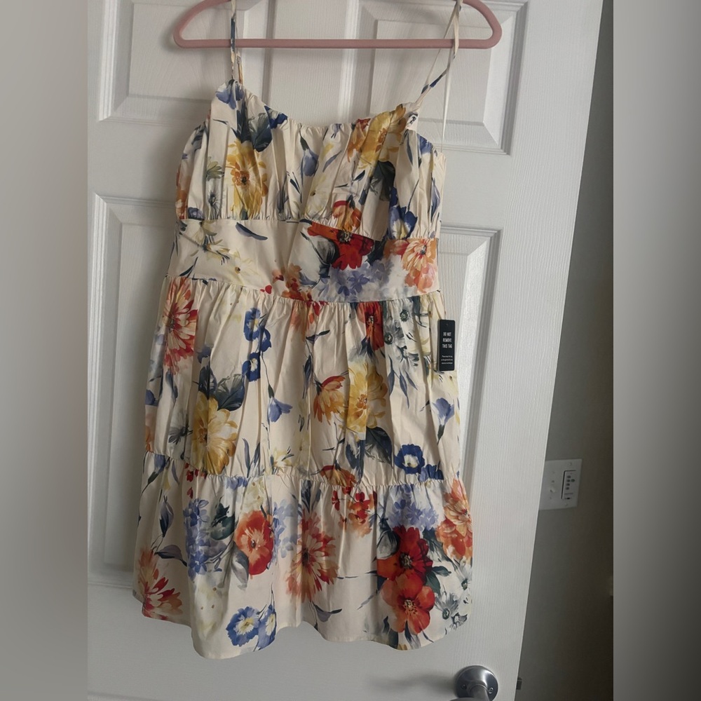 Express Cream Floral Strapless Smocked Sundress with Red, Blue & Yellow Accents
